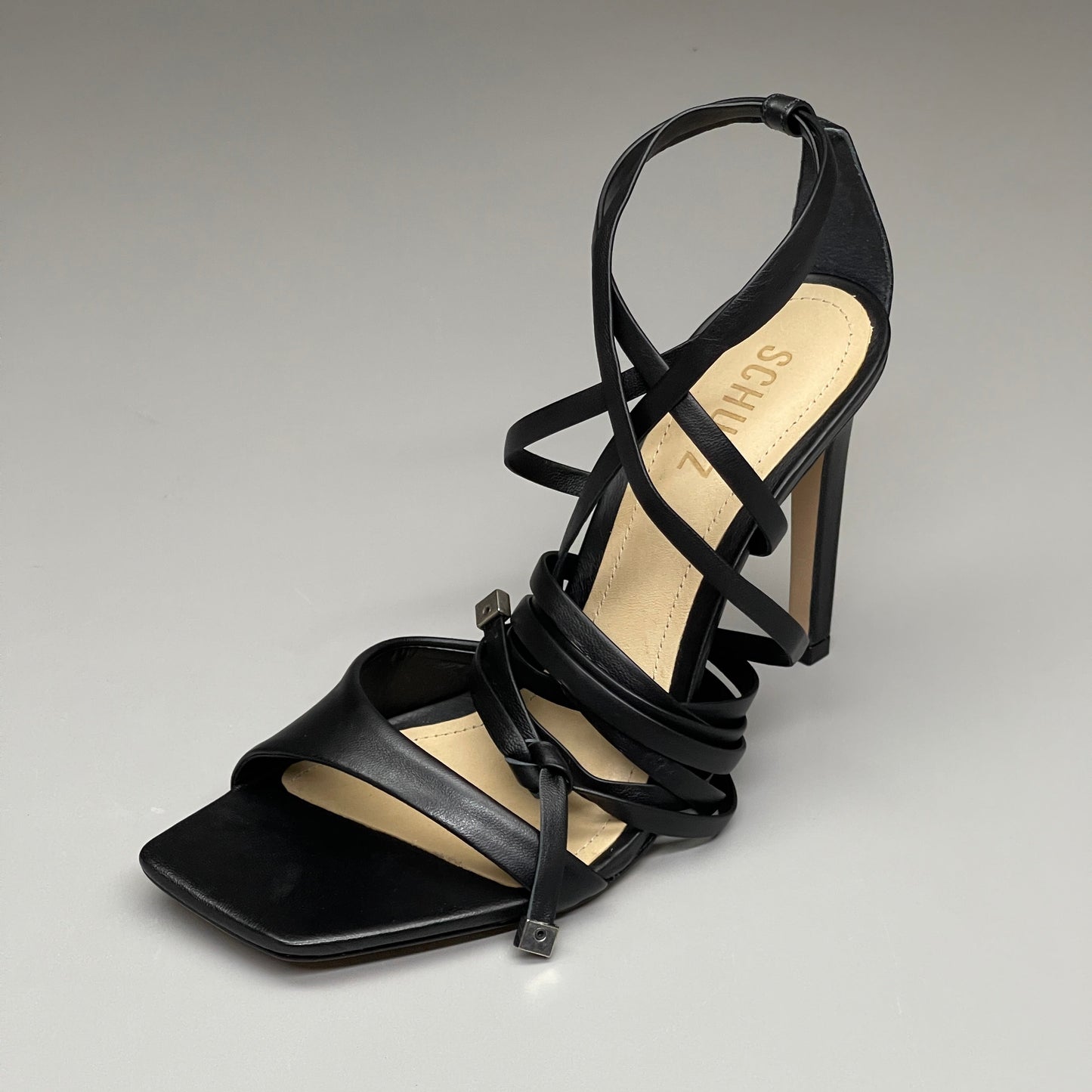 SCHUTZ Bryce Ankle Tie Women's Leather High Heel Strappy Sandal Black Sz 9.5B (New)
