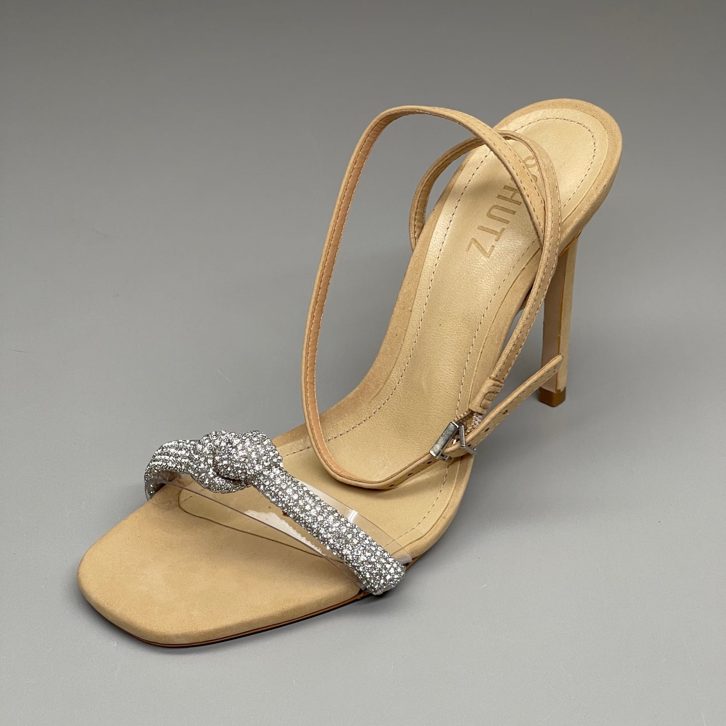 SCHUTZ Peaky Nubuck & Vinyl Multimaterial Women's Sandal Heel Light Nude Sz 6.5B (New)