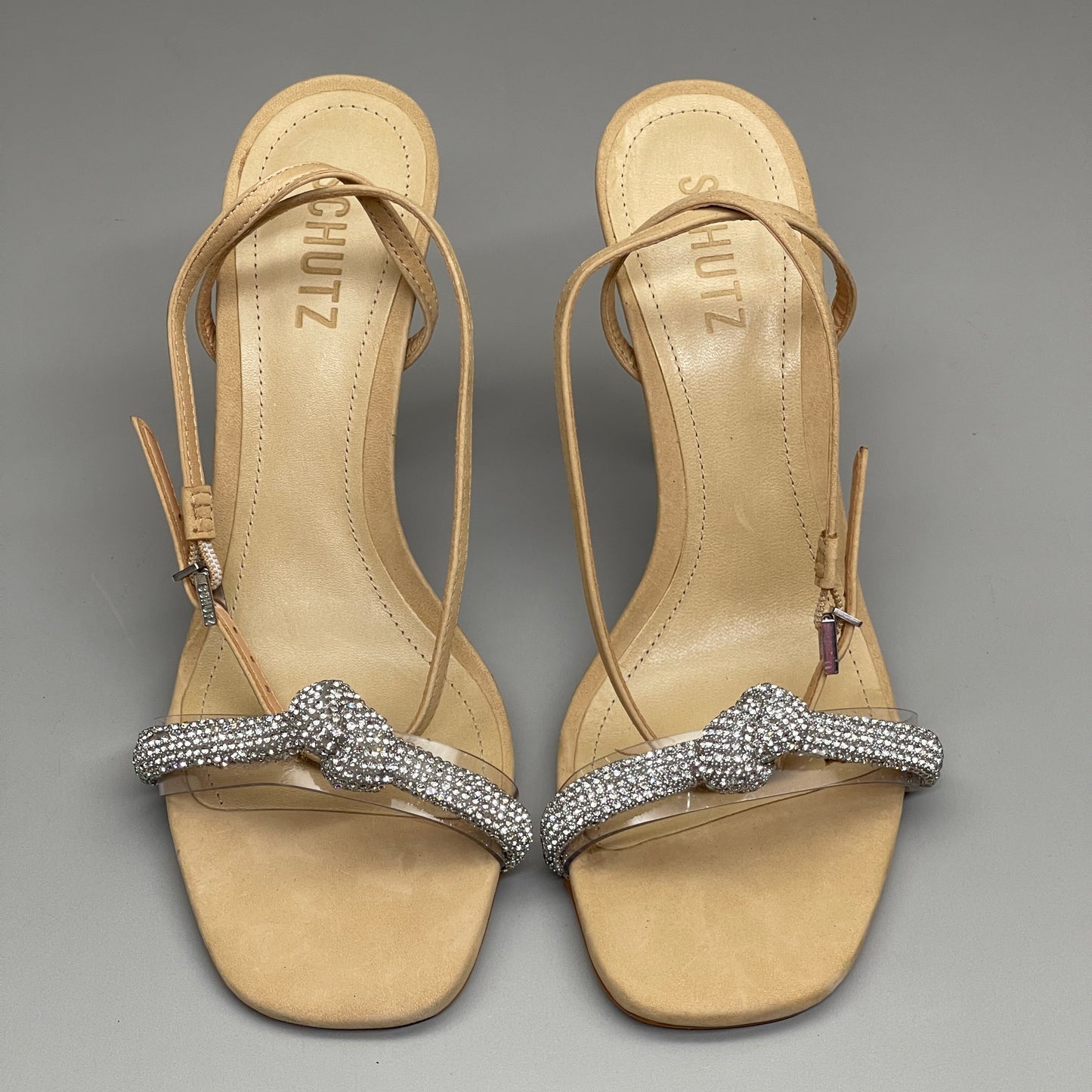 SCHUTZ Peaky Nubuck & Vinyl Multimaterial Women's Sandal Heel Light Nude Sz 6.5B (New)