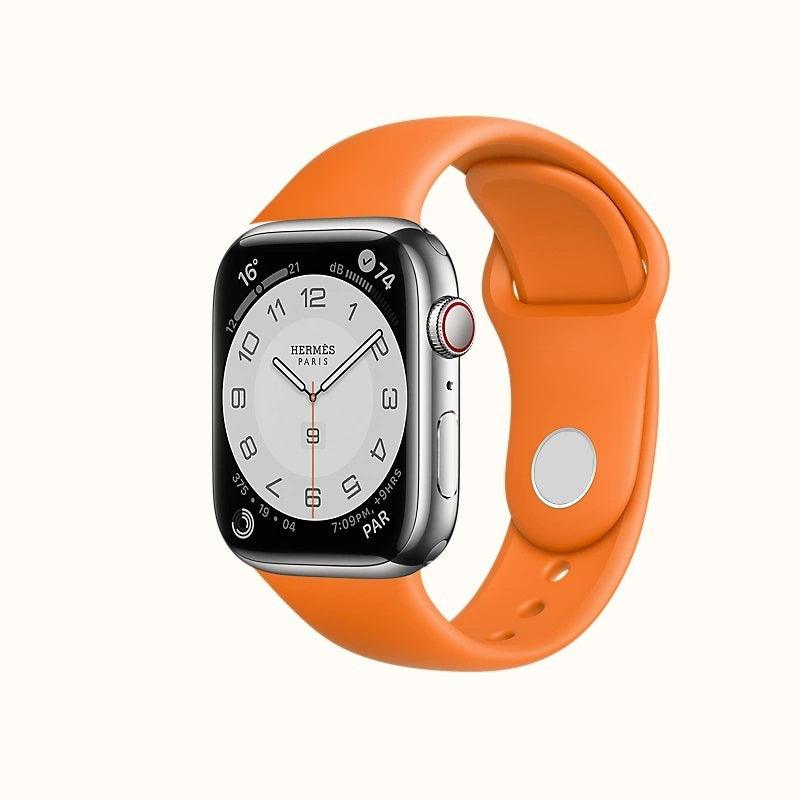 Hermes Apple Watch Series 7 GPS/ Cellular 45 mm - Stainless Steel - Orange Silicone Watch Band