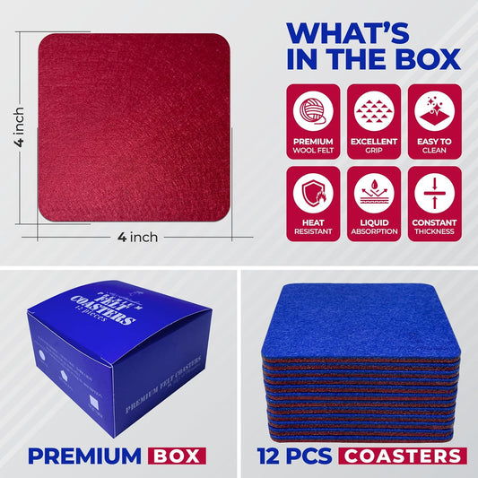 Premium Felt Coasters for Drink, by AA Wonders (Wine Red/Royal Blue)