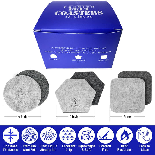 Premium Felt Coasters for Drink Set of 18 Pcs - (square/circle/hexagon)