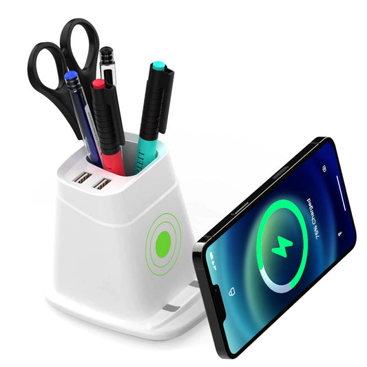 Wireless Charging Stand with Dual USB Charger & Desk Organizer