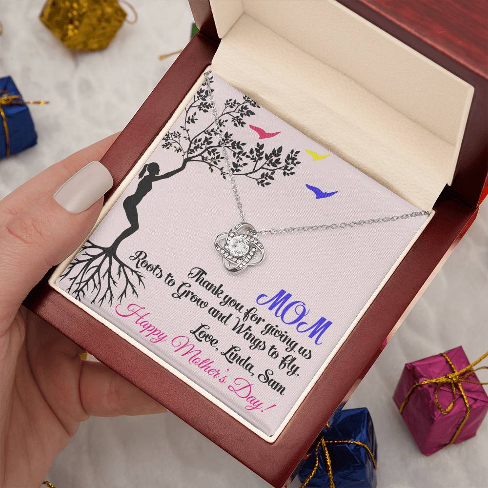 Mom Thank You for Giving Us Roots to Grow and Wings to Fly Love Knot Necklace