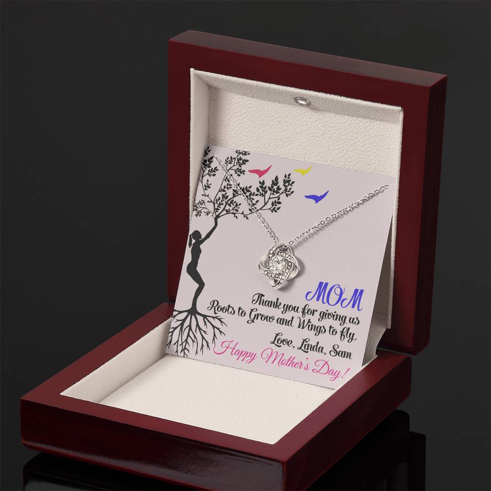Mom Thank You for Giving Us Roots to Grow and Wings to Fly Love Knot Necklace